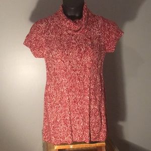 Red and white tunic style cowl neck sweater